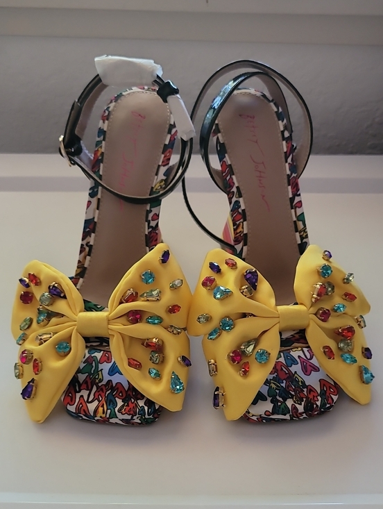 Betsey Johnson Shoes - Betsey Johnson Yellow Bow Jeweled Ankle-Strap Peep-Toe RAINBOW Heels